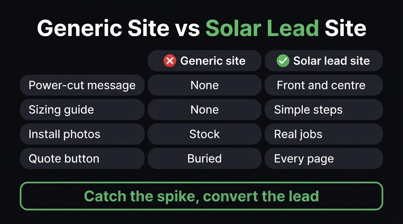 Comparison infographic of a generic website versus a solar lead website: power-cut message, sizing guide, install photos and quote button